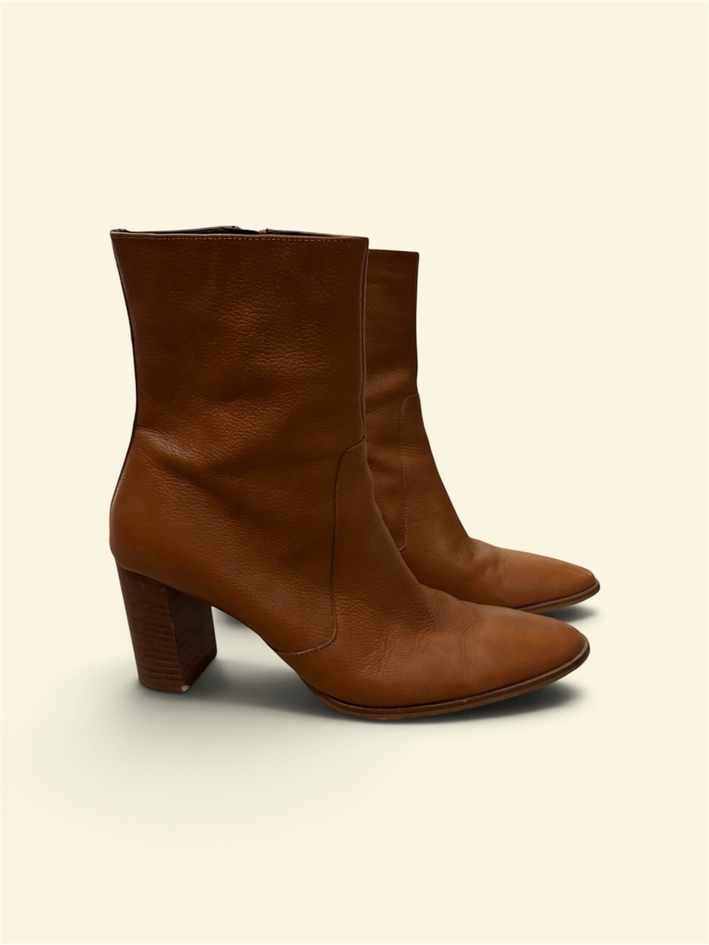Coach and Four Chestnut Leather Mid-Calf Block Heel Boots